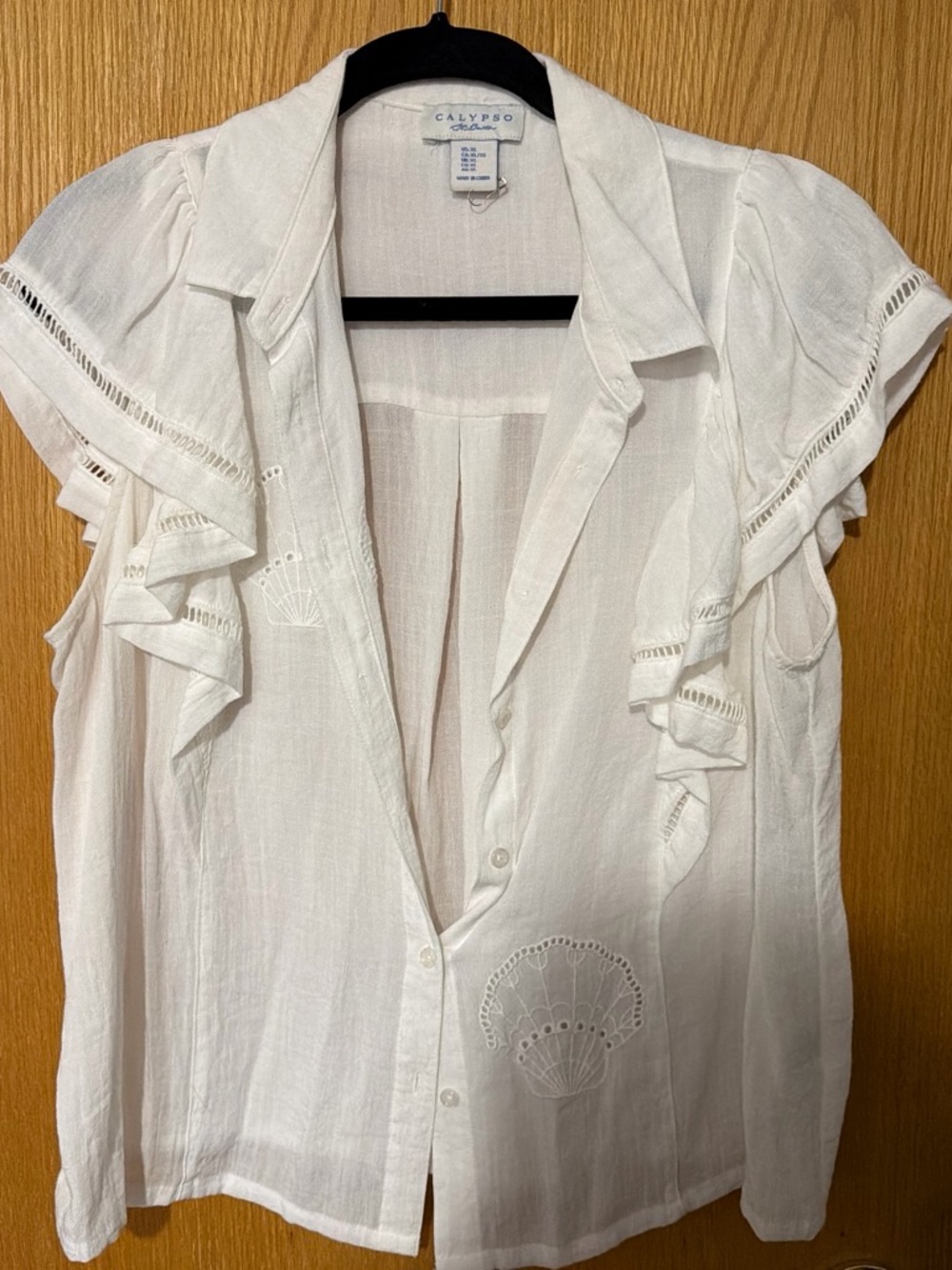 Calypso St. Barth White Ruffle Button-Front Linen-Blend Blouse